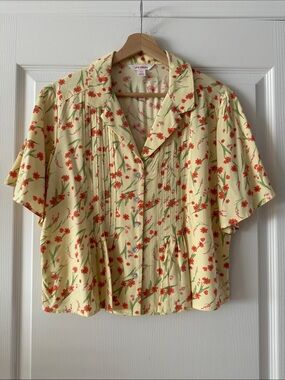 Joe Fresh Yellow Floral Short-Sleeve Crop Button-Down Blouse, Size Small